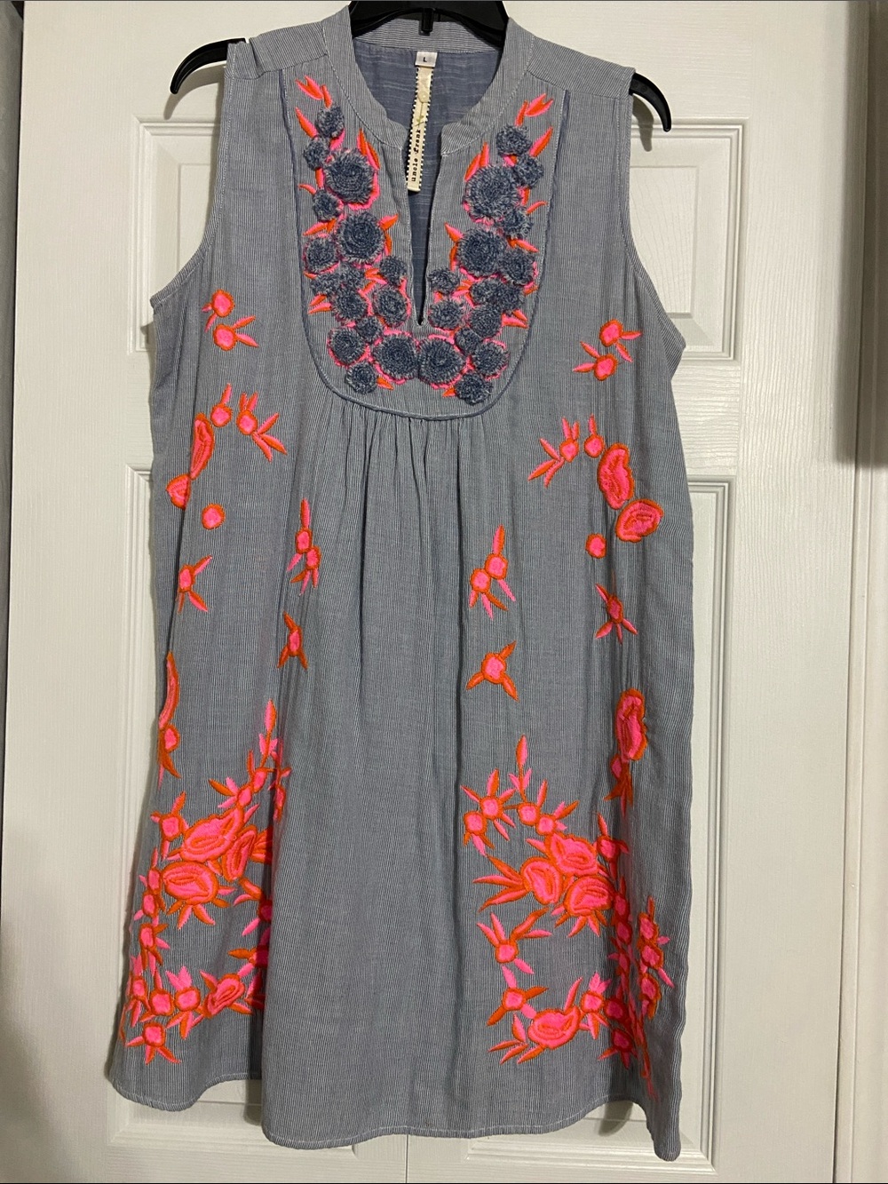 Uncle Frank Gray Sleeveless Midi Dress with Neon Pink & Orange Floral Embroidery